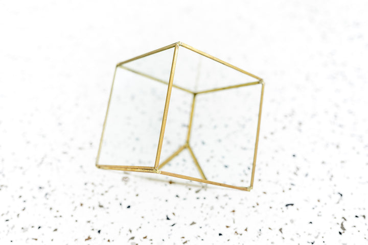 Multifaceted Glass Heptahedron Terrarium with Gold Metal Accents