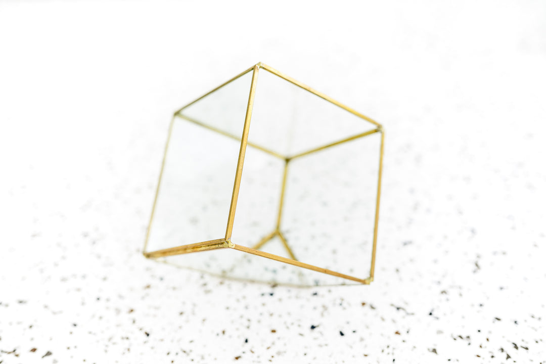 Multifaceted Glass Heptahedron Terrarium with Gold Metal Accents