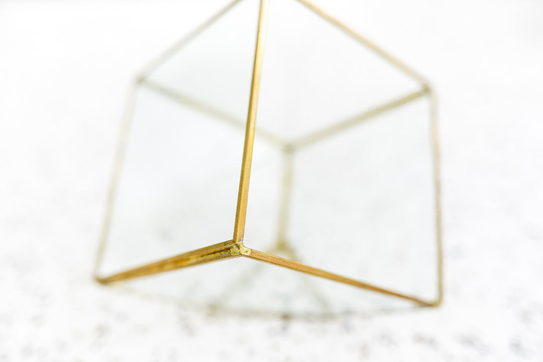 Multifaceted Glass Heptahedron Terrarium with Gold Metal Accents